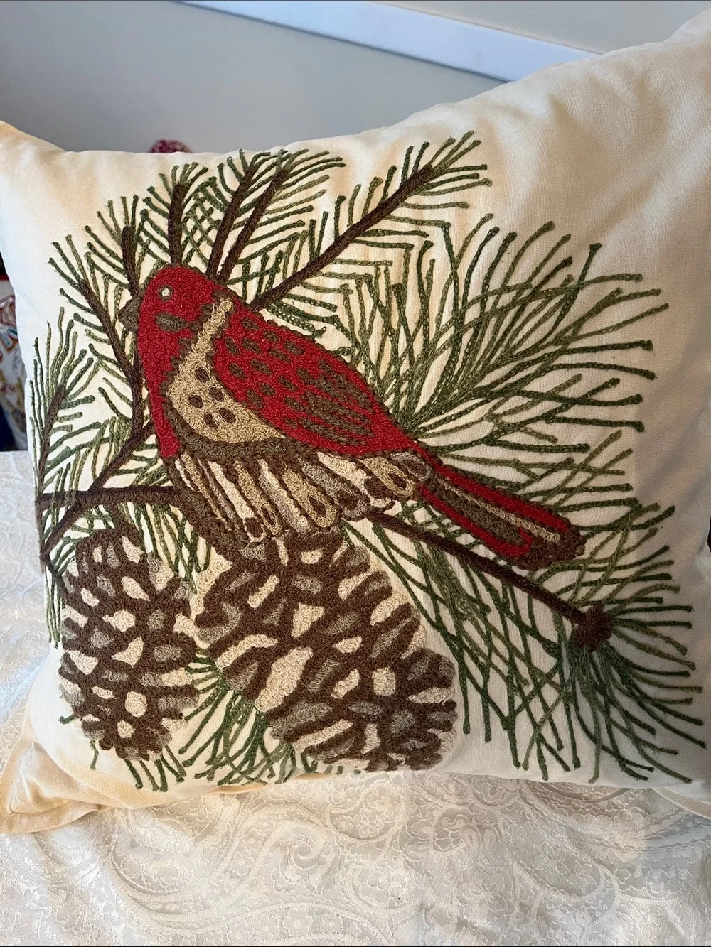 Pottery Barn Embroidered Cardinal & Pinecone Throw Pillow - Red/Green/Cream EUC